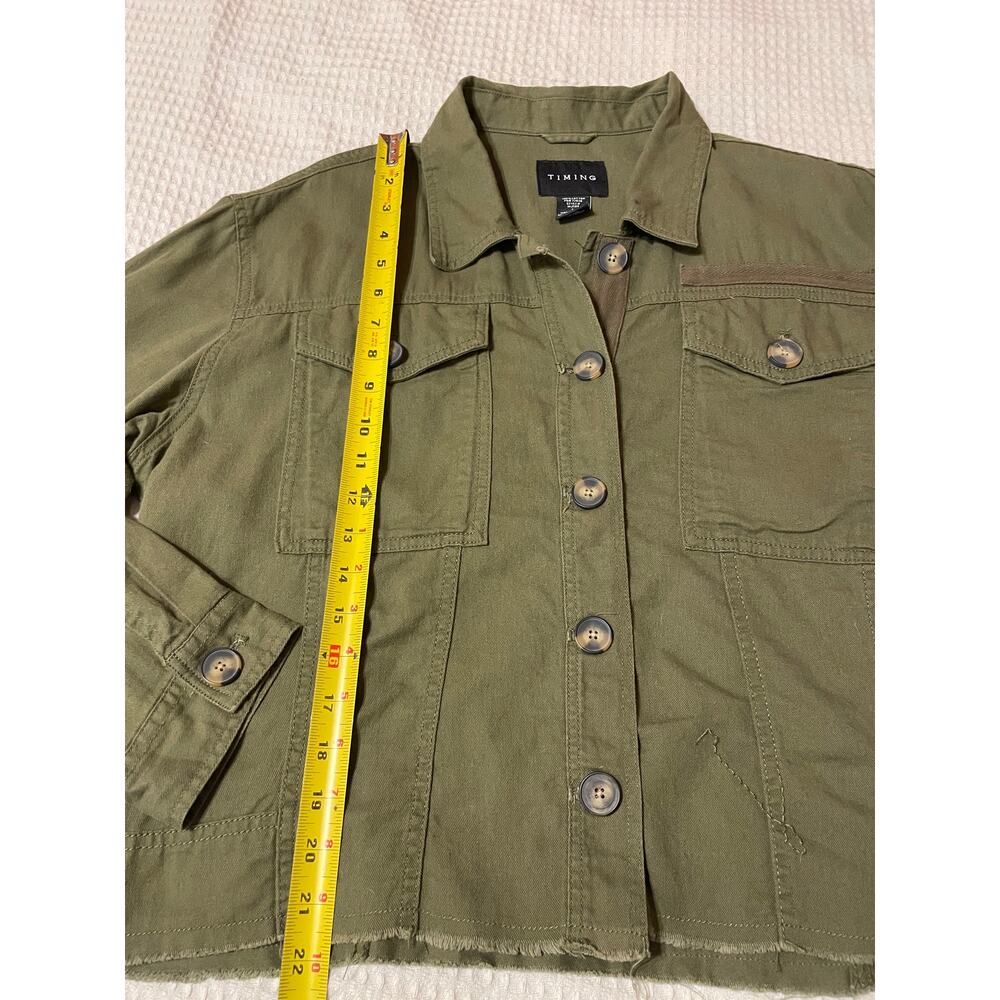 Timing Army Green Cropped Button Up Collared Two Pocket Cotton Utility Jacket Lg - Picture 5 of 11